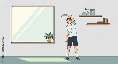 Man doing side bends stretching exercise at home for fitness and wellness