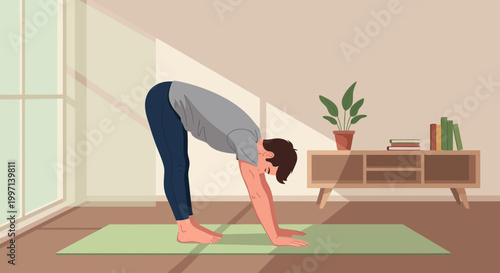 Man doing yoga forward fold stretch on mat at home, healthy lifestyle