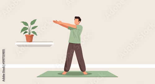 Man doing yoga on a mat at home, stretching arms, healthy lifestyle