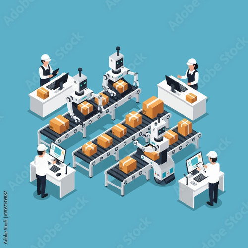 Industrial robots and workers on assembly line.