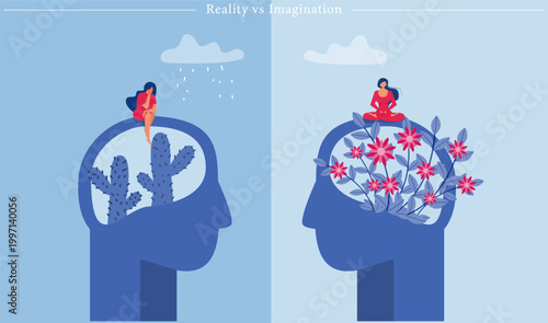 Reality vs Imagination Conceptual Vector Negative Mindset Positive Growth Illustration