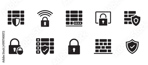 Symbols representing online security, such as firewalls, padlocks, and shields. Crucial for internet safety and data protection.