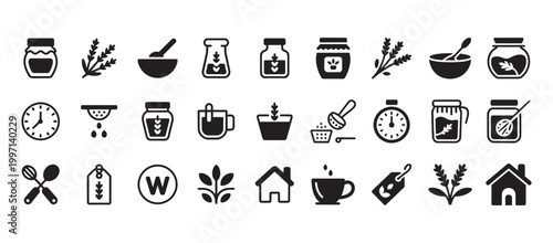 Set of icons for cooking, harvesting, and organic products, includes jars, plants, clock, and kitchen tools.