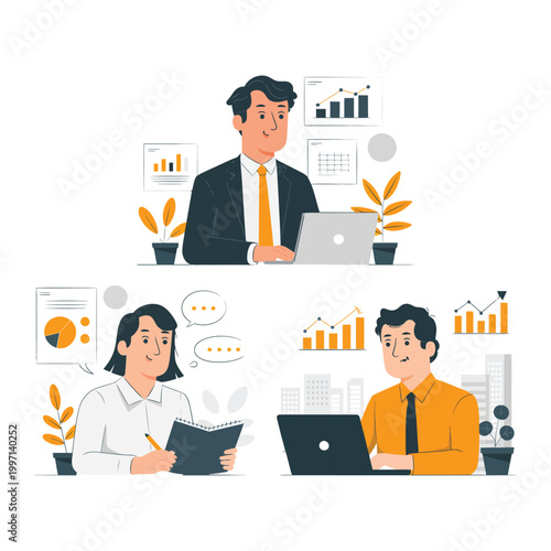 Business people working on laptops and analyzing data in office