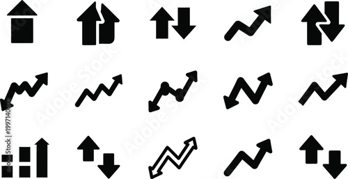 Stock market trend up and down arrows, business investment growth and loss arrow, financial graphs