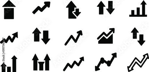Stock market trend up and down arrows, business investment growth and loss arrow, financial graphs