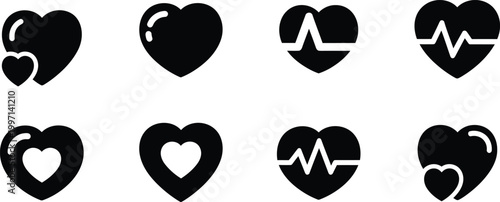 heart icons. stylized broken heart icon, medical heartbeat icon, and heart with arrow