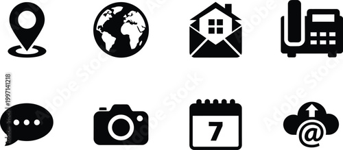 Collection of black glyph icons representing communication and location