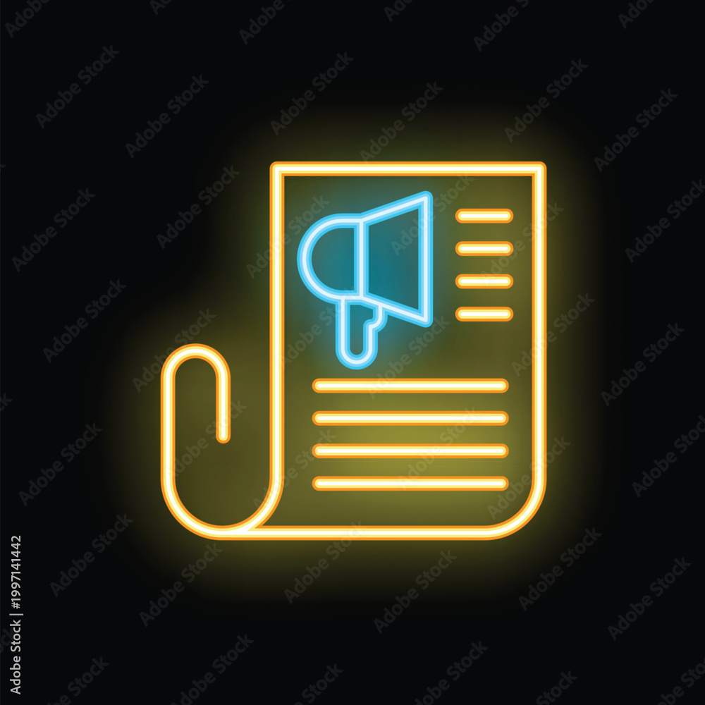 Φωτογραφία Bright neon icon of a megaphone on a paper document symbolizing a promotion anno