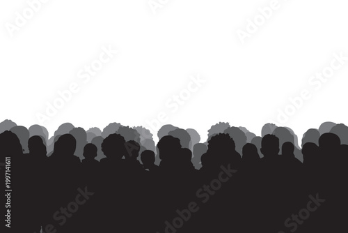 Black and grey silhouettes of a dense crowd of people, showing diverse head shapes and layers to represent a community.