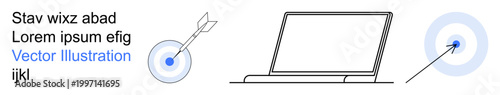 Business goals, precision, digital success, technology, online marketing, achievement. Minimalistic line art of a laptop and a dart hitting a target. Business goals and precision concept