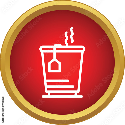 Steaming hot tea in a disposable cup with a tea bag on a red circular background