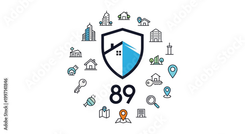 Shield with house and number icons.