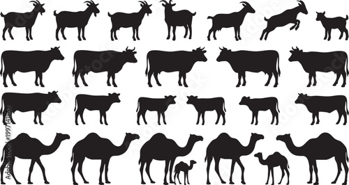 A collection of black animal silhouettes including goats, cows, and camels in various poses, suitable for farm or livestock designs.