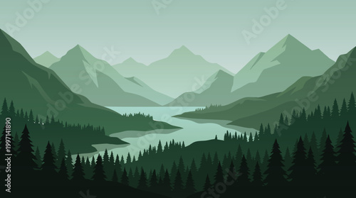 Mountain landscape with forest and lake silhouette