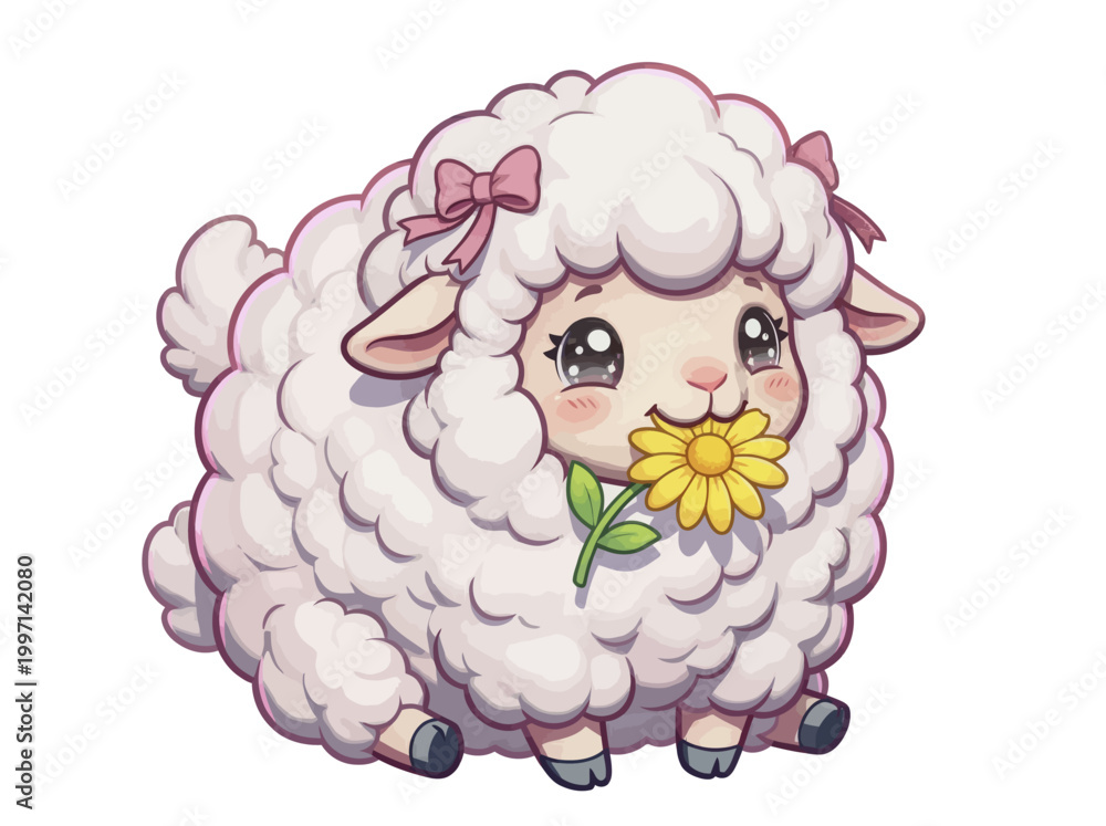 Naklejka premium Cute cartoon sheep with flower.