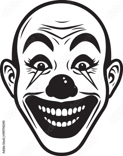 An illustrative depiction of a clown's grinning face, emphasizing exaggerated features, for a mix of amusement and a hint of the uncanny.