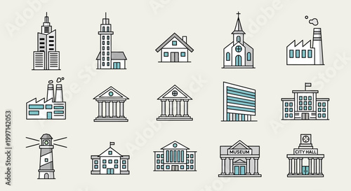 Various architectural building structures icons.