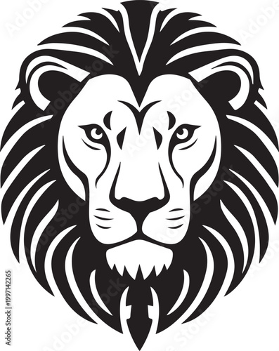 Majestic lion head, a symbol of strength and dominance, illustrated in striking black and white, commanding attention.