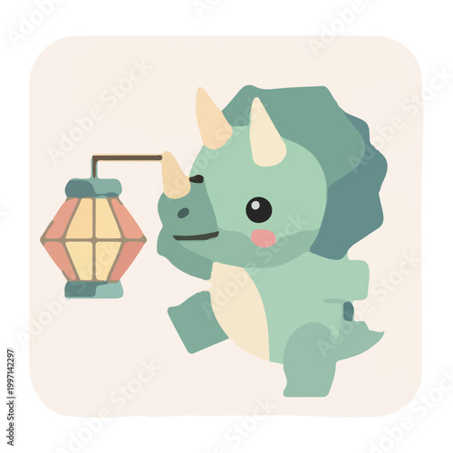 Cute cartoon triceratops dinosaur holding a lantern illustration
