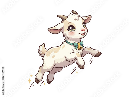 Cute white baby goat jumping.