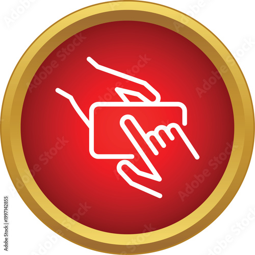 Hands holding a mobile phone, tapping a touchscreen in a red and gold icon