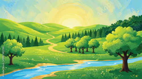 Cartoon landscape with rolling hills and river