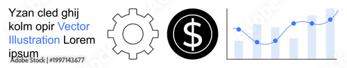 Business strategy, financial planning, data analytics, economic growth, progress tracking, digital economy. Gear icon, dollar sign and line graph with rising bars. Business strategy and financial