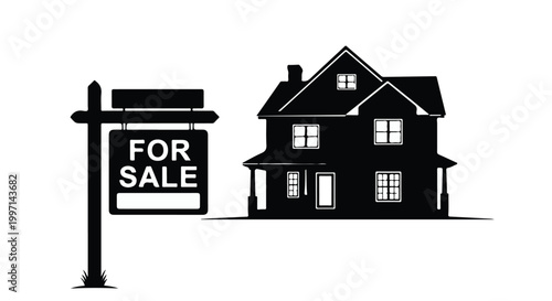  Residential house silhouette with for sale sign board for real estate listing and property market