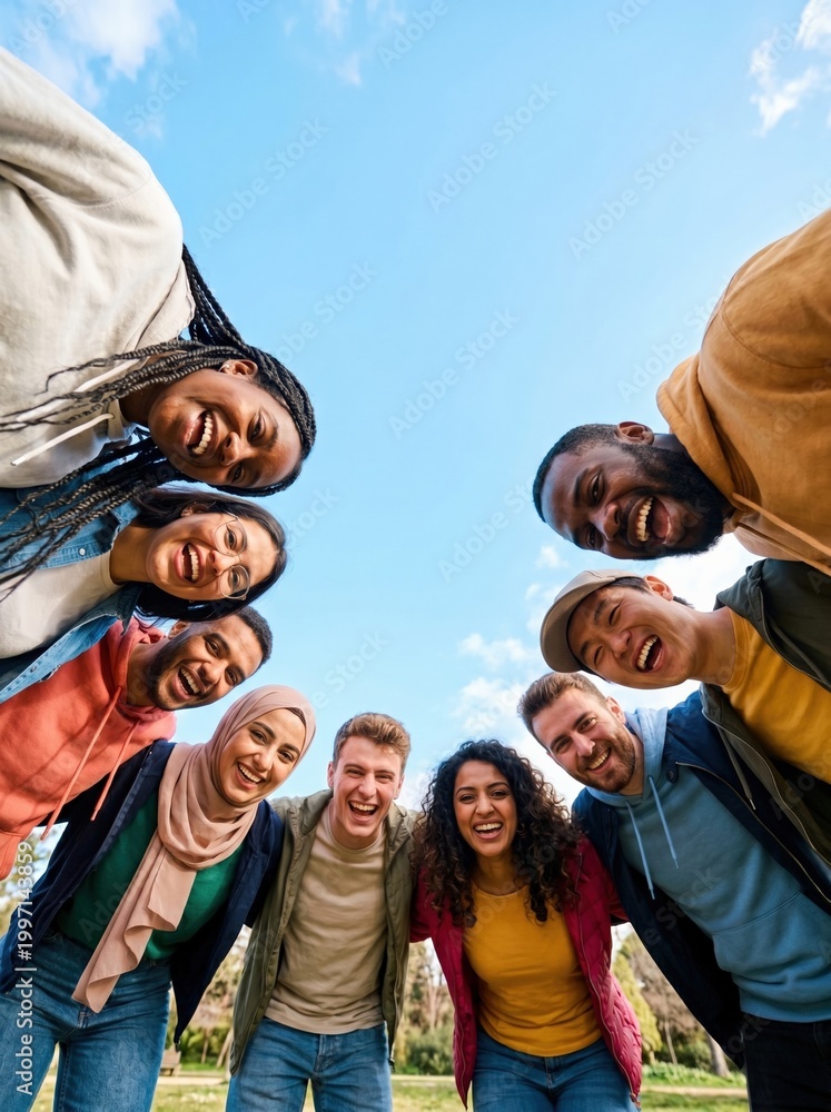 Obraz premium Diverse group of friends smiling, looking down at camera, against blue sky