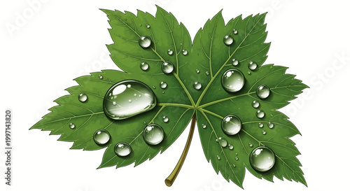 Green leaf with water droplets on it.