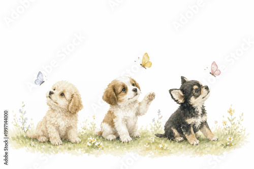 Playful Puppy Watercolor Collection with Copy Space – Cute Minimalist Pet Illustration for Greeting Cards and Banners
