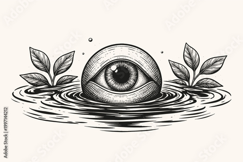 Surreal Vintage Engraving Style Vector Illustration of a Large Eyeball Floating in Rippling Water Surrounded by Leafy Plants, Mystical Symbolic Black and White Line Art for Creative Design