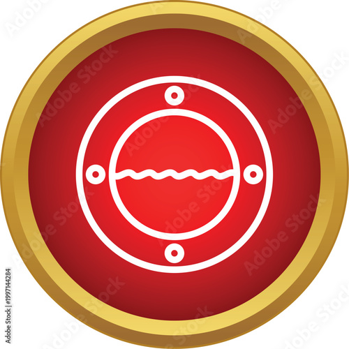 Red circular button icon showing a ship porthole with water waves inside