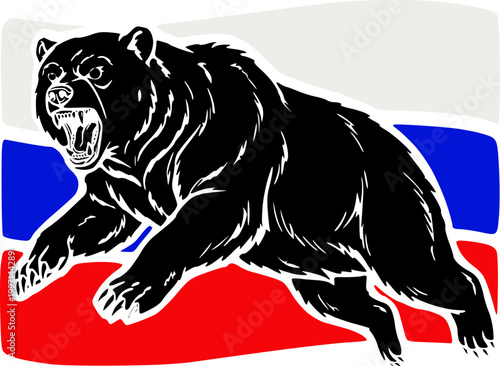 Foto Furious black bear with open mouth in front of the flag of Russia