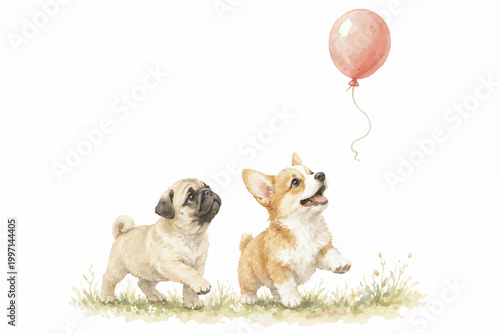 Playful Puppy Watercolor Collection with Copy Space – Cute Minimalist Pet Illustration for Greeting Cards and Banners