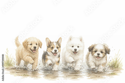 Playful Puppy Watercolor Collection with Copy Space – Cute Minimalist Pet Illustration for Greeting Cards and Banners