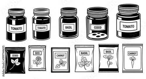 Collection of Seed Packets and Jars for Planting.