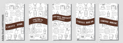 Coffee Themed Geometric Banners Collection. Hand drawn illustration of Coffee. Abstract geometric line background. Coffee icons, line design with simple shapes for coffee shops