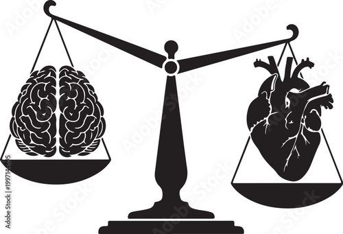 Black silhouette balance scale with brain and heart, emotional vs rational, vector icon