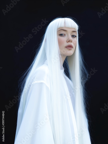 Portrait of a young goth woman with white hair and white shirt