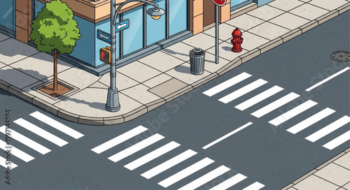 Isometric Street Corner with Crosswalk and Building.