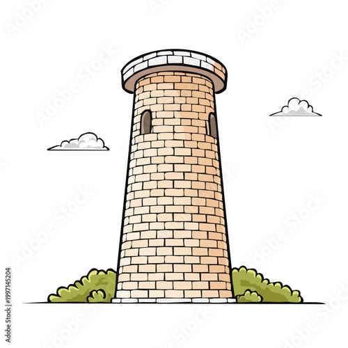 Cartoon style old brick tower with arched windows and clouds illustration