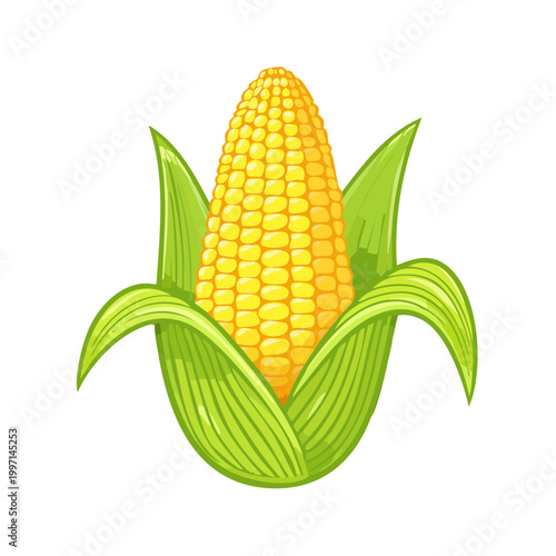 Bright yellow ear of corn with green husks, rendered in a simple, stylized illustration