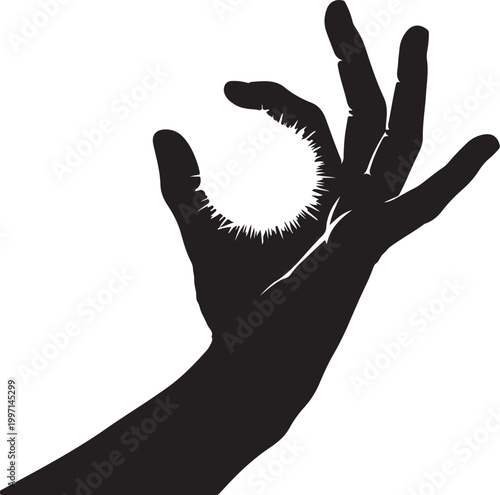 Black hand silhouette, glowing orb, vector illustration, dark mystic symbol