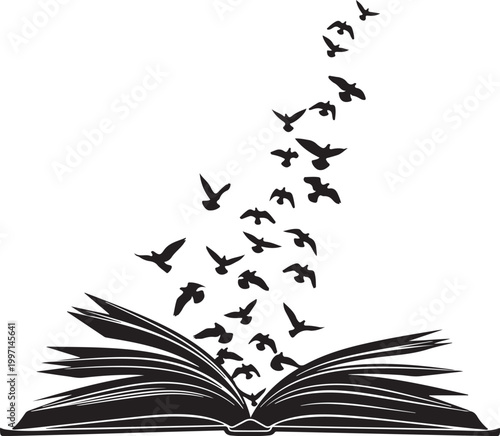 Open book with birds flying out, black silhouette vector illustration, education freedom concept, literary symbolism