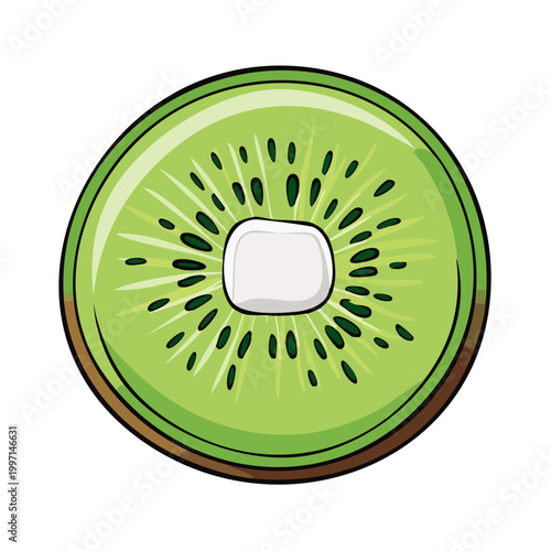 Vibrant illustration of a sliced kiwi fruit showing its distinctive green flesh and black seeds