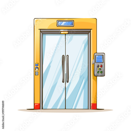 Modern elevator doors open with glowing panel and buttons in cartoon style