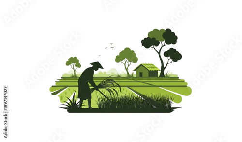 Minimal rural farming concept with Bangladesh rice field farmer and village elements vector design