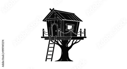 Cozy treehouse with ladder and railing in sturdy tree, perfect for kids' adventure playground or peaceful retreat in nature